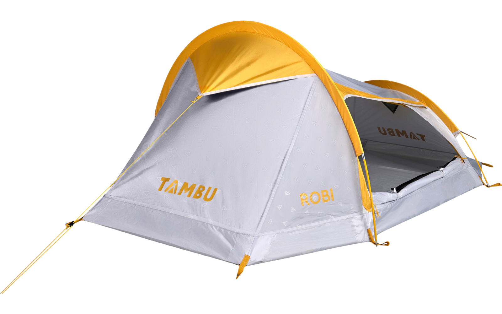 Gray-and-orange dome tent on a white background, open entrance, "TAMBU" and "ROBI" printed on the fabric