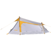 Gray tent with orange trim and guy lines, open entrance revealing white inner tent with dots; text "ROBI" on the left
