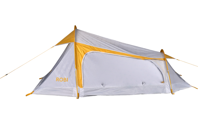 Gray tent with orange trim and guy lines, open entrance revealing white inner tent with dots; text "ROBI" on the left