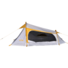 Gray and orange camping tent with open side entrance, visible black mesh, guy lines, and ROBI logo on the exterior