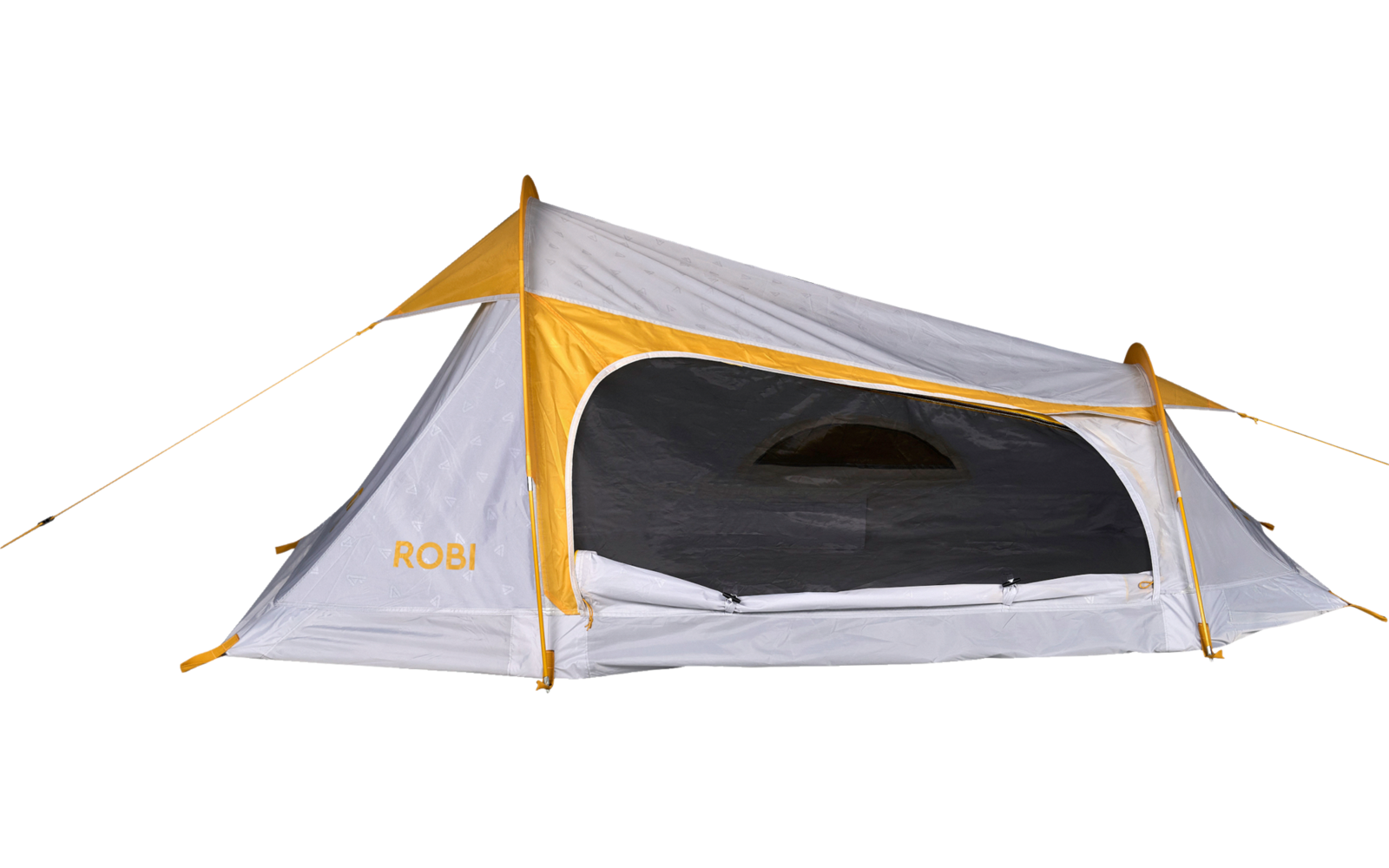 Gray and orange camping tent with open side entrance, visible black mesh, guy lines, and ROBI logo on the exterior