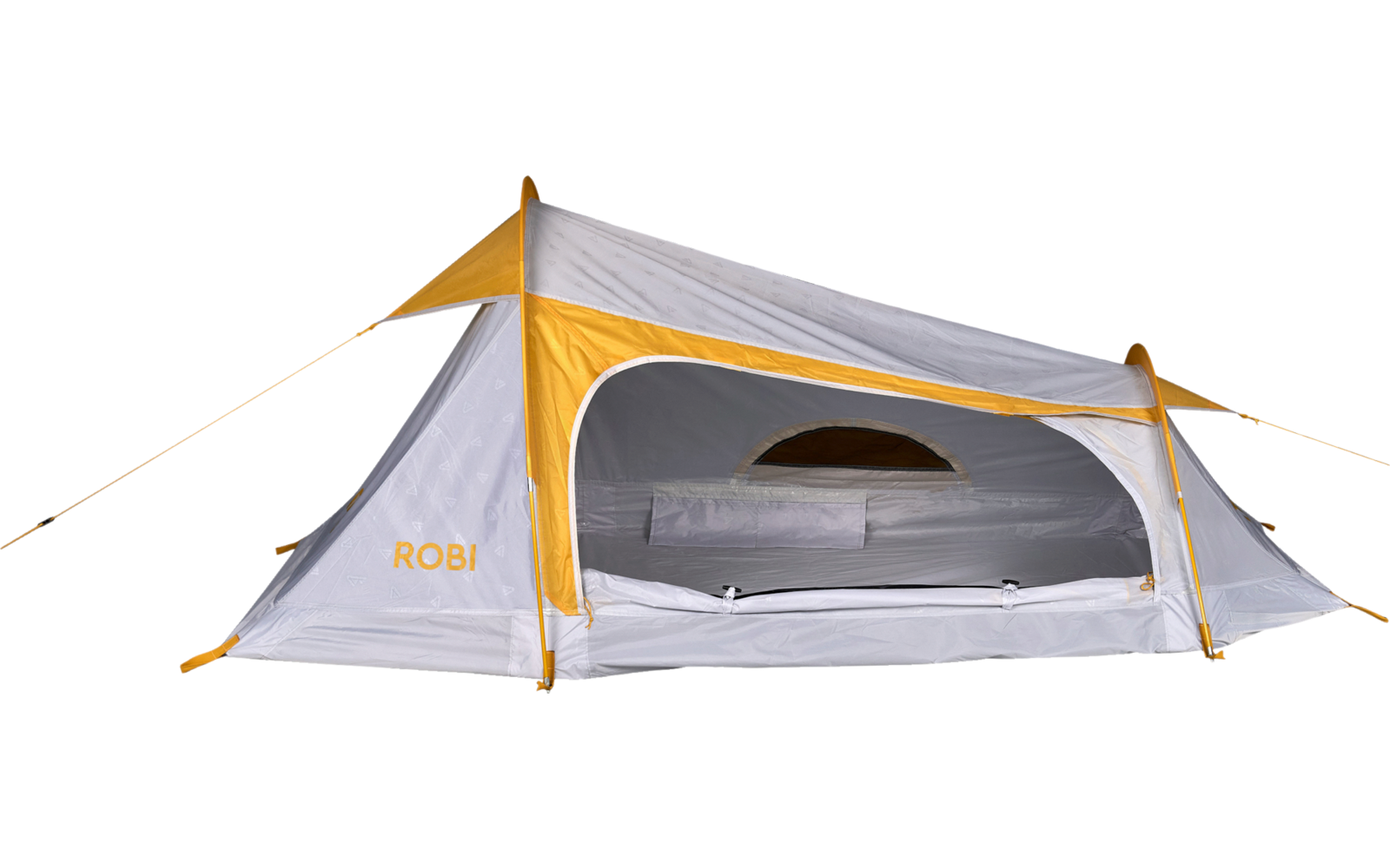 Gray and orange tent with open front door; inner tent with mesh window visible; guy lines attached; white background