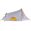Light translucent gray tent with orange trim and a semicircular entrance flap