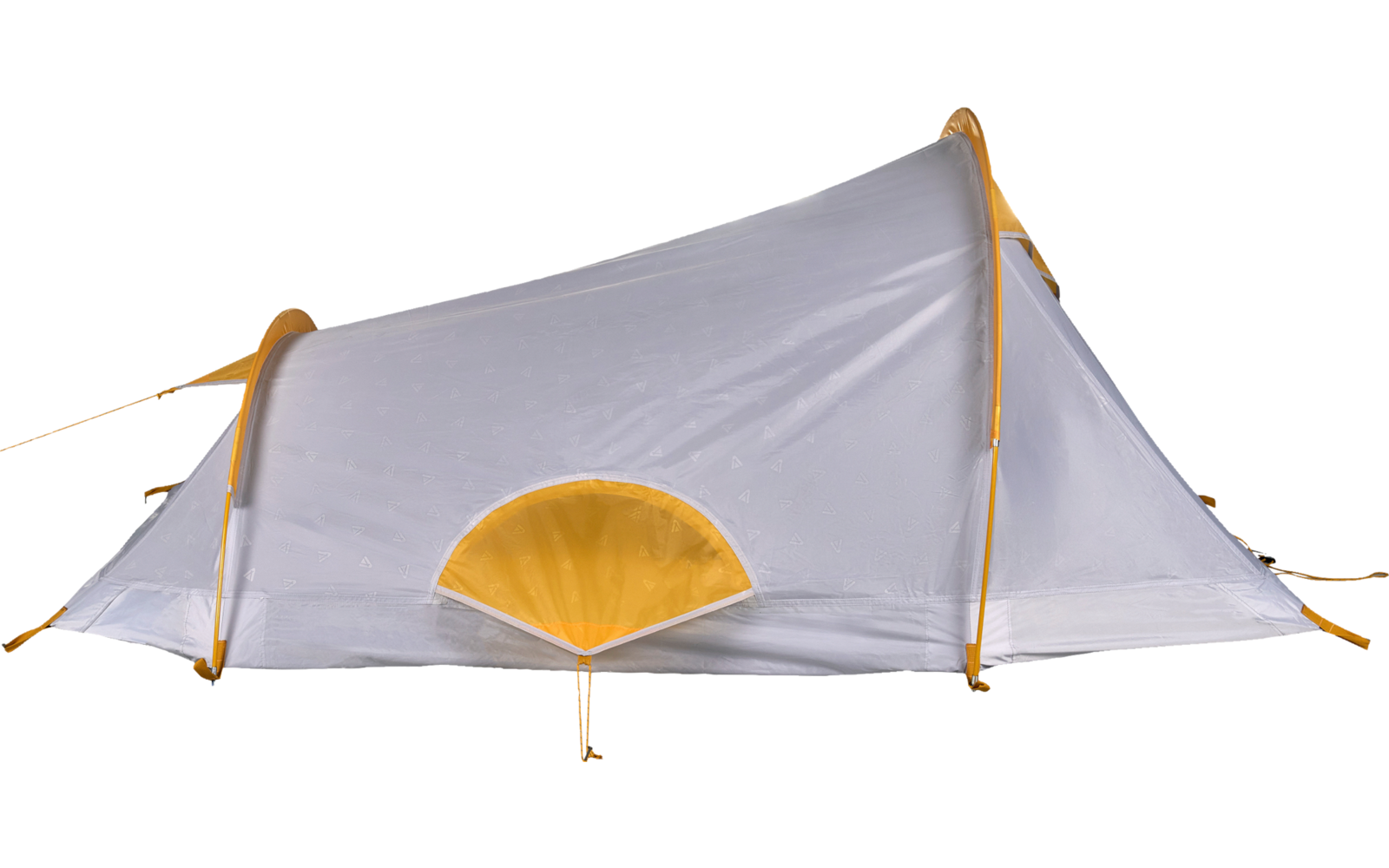 Light translucent gray tent with orange trim and a semicircular entrance flap