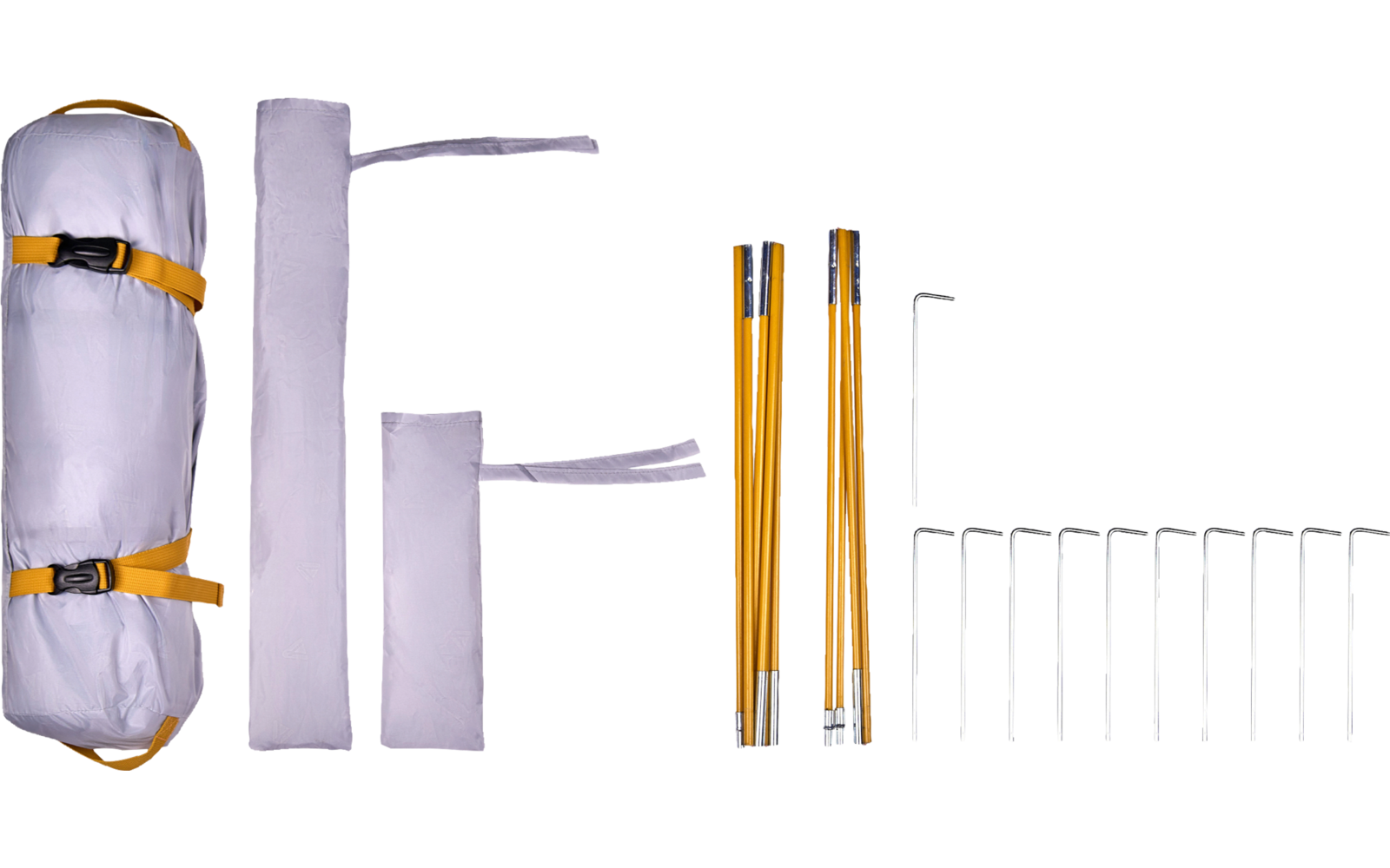 Rolled gray fabric with orange straps and buckles, two gray bags, four-piece orange metal poles, an L-shaped metal key, and several curved silver metal stakes