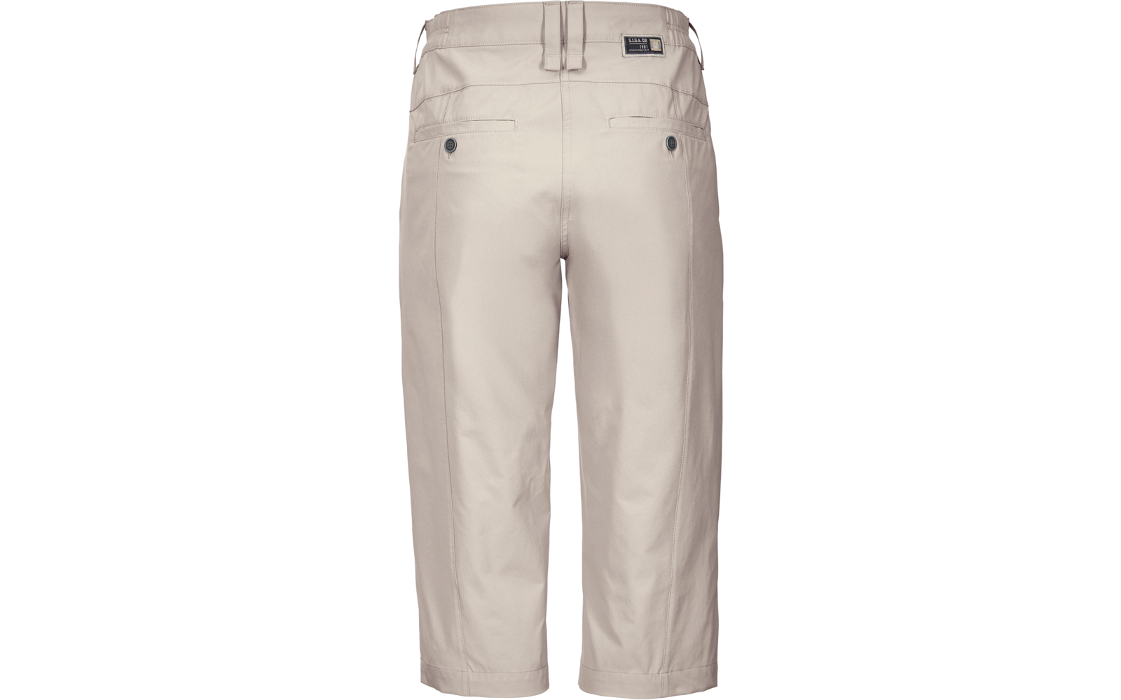 Hinteransicht einer beige Capri-Hose mit zwei Gesäßtaschen mit Knöpfen, Gürtelschlaufen und Markenlabel am Bund