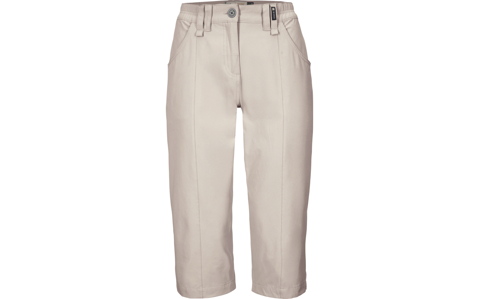 Beige Hose bis Mitte der Waden, Vorderansicht, sichtbarer Knopf und Reißverschluss, Gürtelschlaufen, schräge Seitentaschen, Bügelfalten, Taillenetikett