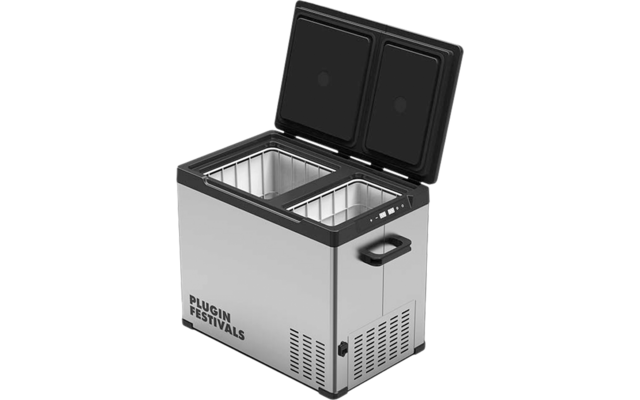 Glacière portable en métal avec couvercle ouvert et deux compartiments