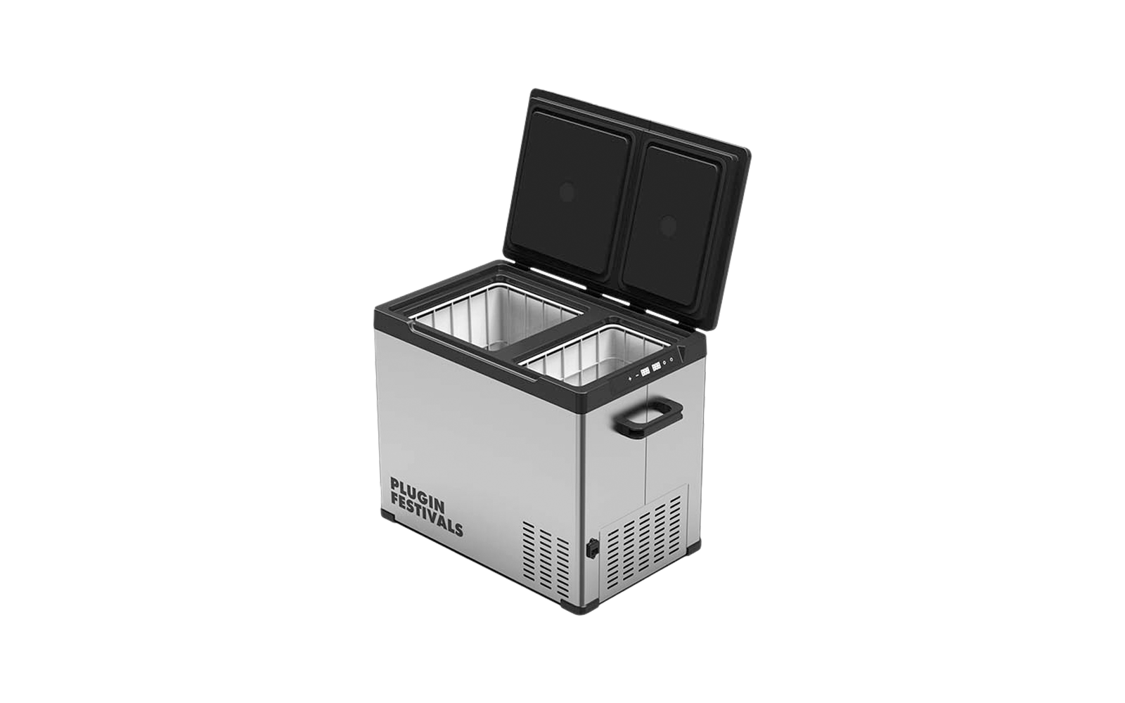 Glacière portable en métal avec couvercle ouvert et deux compartiments