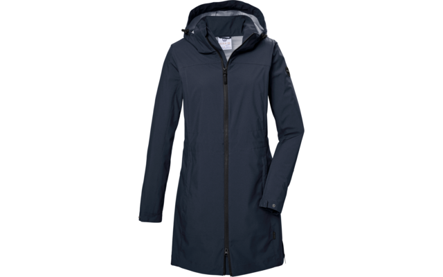 Dunkelblauer Mantel mit Kapuze und Reißverschluss vorne