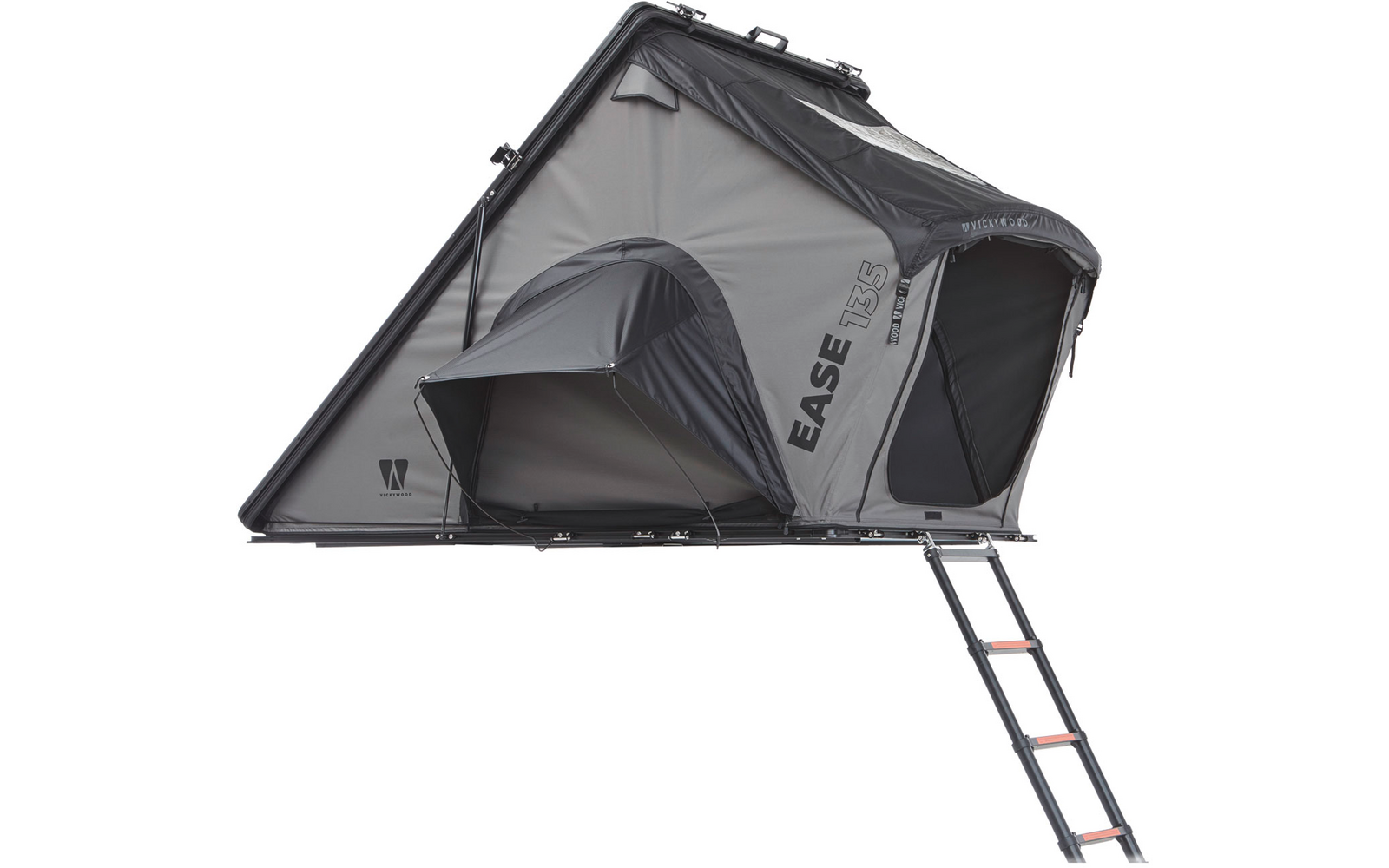 Aufgeklapptes graues Zelt auf schwarzer Platte mit ausgeklappter Leiter, zwei offenen Eingängen und seitlichem Aufdruck 'EASE 135'
