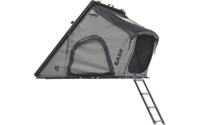 Graues Dachzelt auf Montageplatte, geöffnete Einstiegsklappe, seitliches Reißverschlussfenster und ausgezogene Leiter