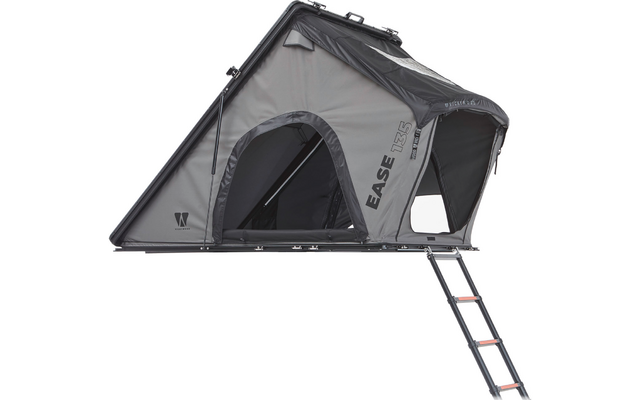 Graues Dachzelt auf flacher Basis mit aufgeklapptem Stoffdach, zwei bogenförmigen Öffnungen, ausgeklappter Leiter und Schriftzug "EASE" an der Seite