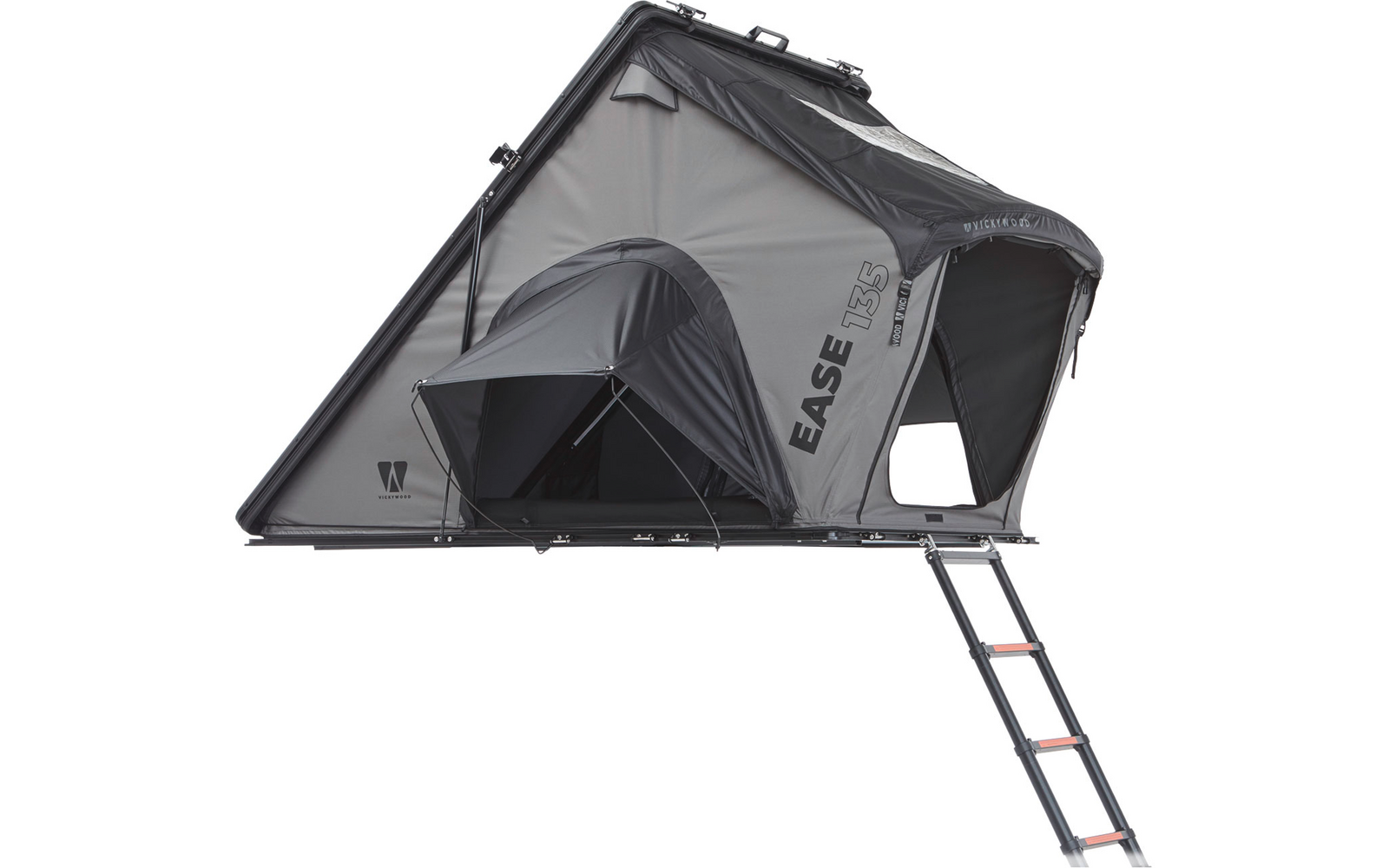 Graues Dachzelt mit geöffnetem Eingang, kleinem Anbau und ausgezogener Leiter; Aufschrift EASE 135 an der Seite