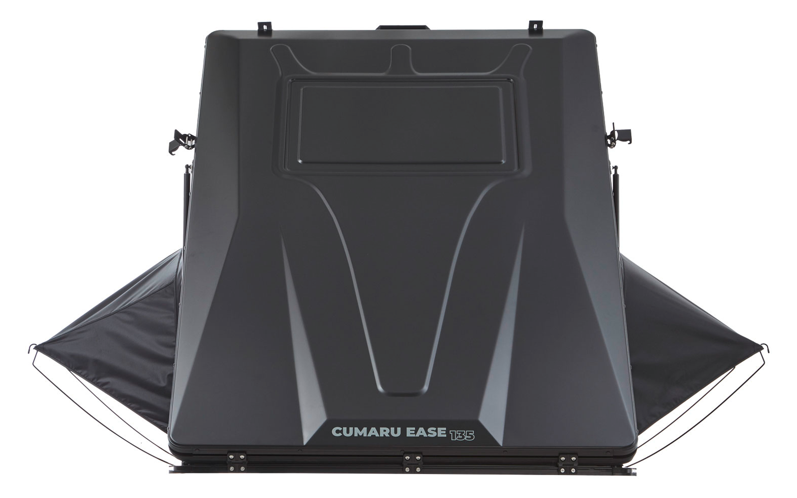 Dunkelgraues rechteckiges Kunststoffgehäuse mit ausgebreiteten schwarzen seitlichen Abdeckungen und weißer Aufschrift "CUMARU EASE 135" an der Vorderkante