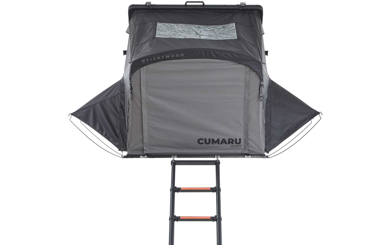 Graues Zelt mit offener Vorderseite, ausgeklappter Leiter, seitliche Abdeckungen ausgeklappt, oberes Fenster und Schriftzug "CUMARU" sichtbar