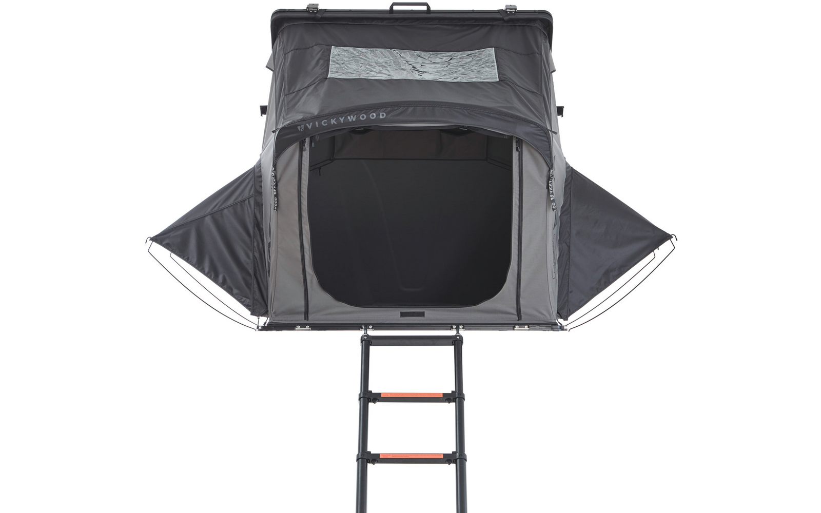 Graues geöffnetes Dachzelt mit rechteckiger Frontöffnung, ausgefahrener Leiter, seitlichen dreieckigen Wänden und kleinem rechteckigem Oberlichtfenster