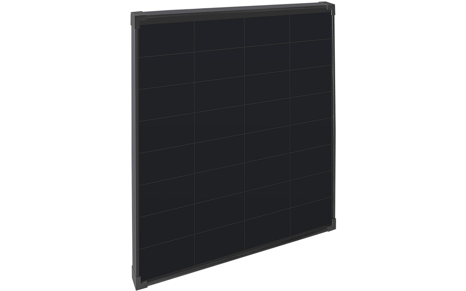 Quadratisches dunkles Paneel mit dünnen hellen Gitterlinien und silbernem Metallrahmen an den Ecken