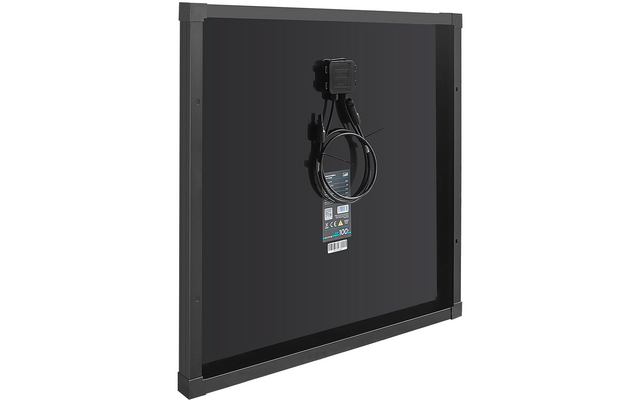 Quadratisches schwarzes Paneel mit dunklem Metallrahmen, Rückseite zeigt eine angeschraubte Anschlussdose, daran ein aufgewickeltes schwarzes Kabel und ein Etikett mit Text und Symbolen