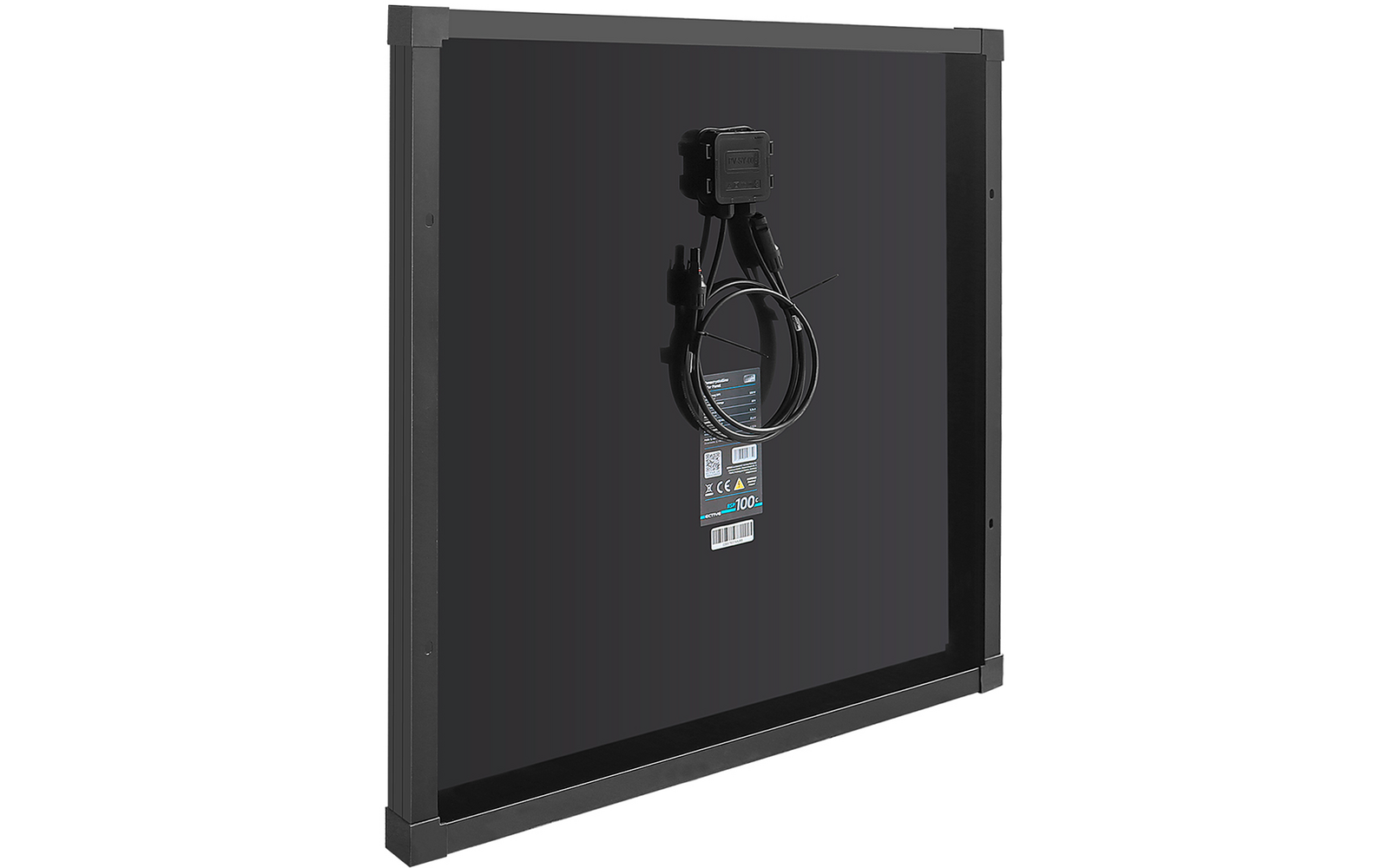 Quadratisches schwarzes Paneel mit dunklem Metallrahmen, Rückseite zeigt eine angeschraubte Anschlussdose, daran ein aufgewickeltes schwarzes Kabel und ein Etikett mit Text und Symbolen