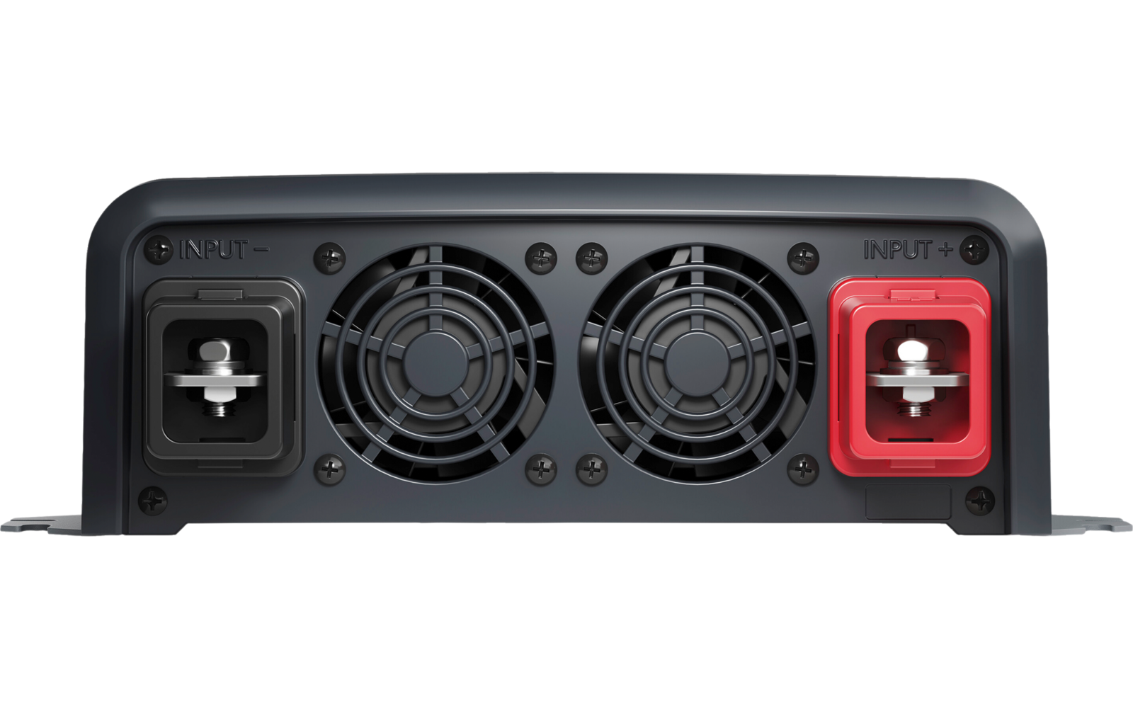 Rückseite eines Geräts mit zwei mittigen runden Lüfteröffnungen, links ein schwarzer rechteckiger Anschluss mit weißem Kreuzsymbol, rechts ein roter rechteckiger Anschluss mit weißem Kreuzsymbol, mehrere sichtbare Schrauben und Metall-Befestigungsfla