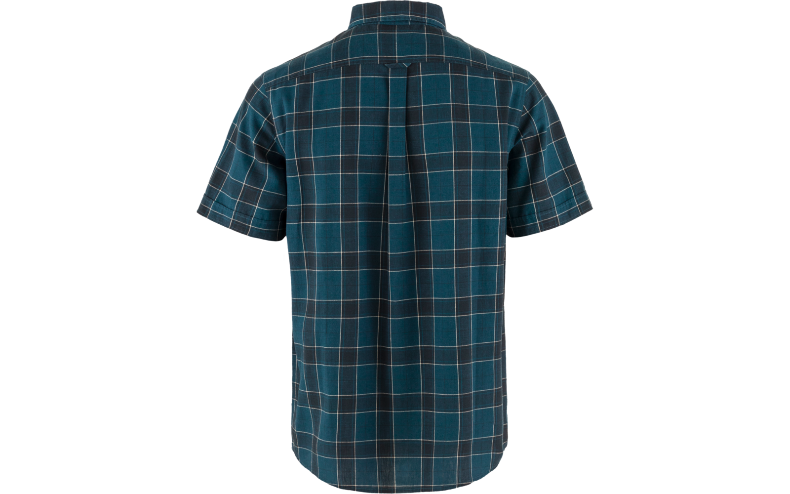 Achteraanzicht van een kort mouw geruit overhemd in blauwgroene tinten met een middenachterplooi, kraag en lichte ruitlijnen op witte achtergrond