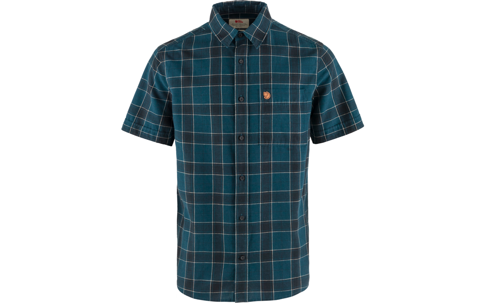 Overhemd met korte mouwen, knoopsluiting en kraag, blauwgroen geruit met dunne witte lijnen, klein rond embleem op de linkerborst