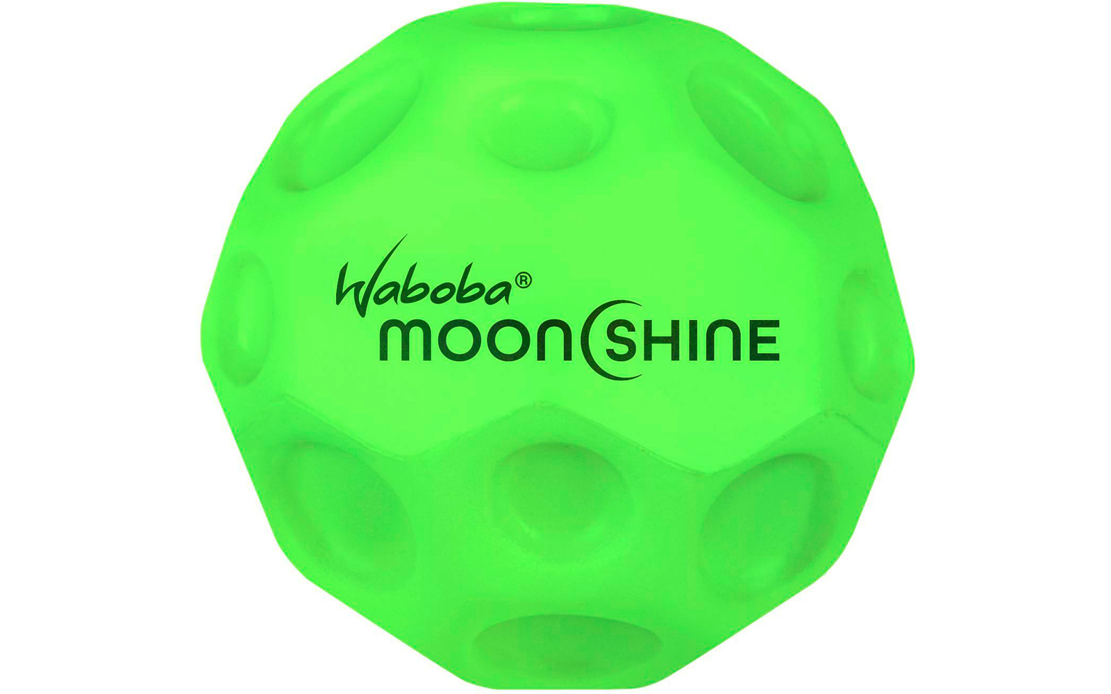 Grüner Ball mit erhabenen runden Vertiefungen und der Aufschrift ‚Waboba moonshine‘