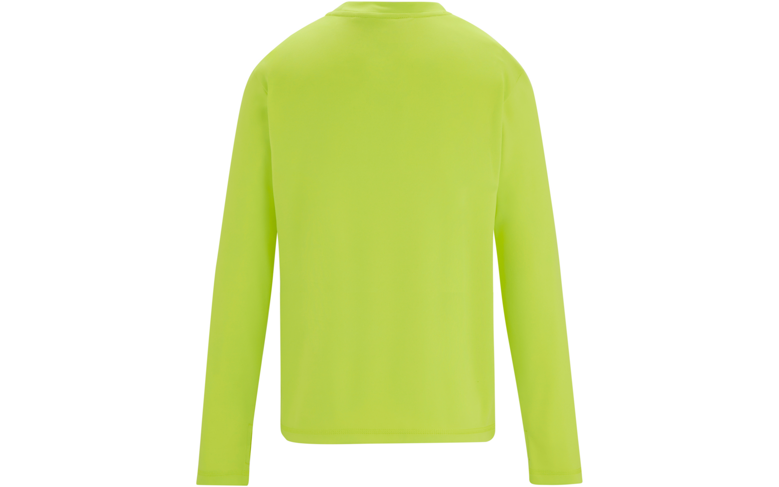 Neongrünes Langarmshirt, Rückansicht, Rundhalsausschnitt, uni, auf weißem Hintergrund