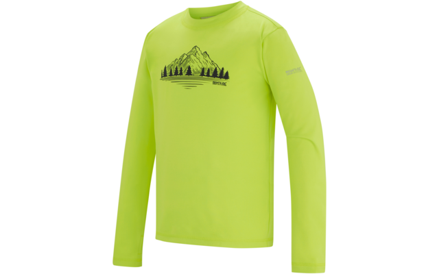 hellgrünes Langarmshirt mit schwarzem Berg- und Tannen-Motiv auf der Brust und kleinem Schriftzug auf dem Ärmel