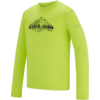 hellgrünes Langarmshirt mit schwarzem Berg- und Tannen-Motiv auf der Brust und kleinem Schriftzug auf dem Ärmel