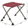 Klapphocker mit rotem Stoffsitz, vier gebogenen Metallbeinen in X-Anordnung, runde schwarze Gummifüße und schwarze Kunststoffverbindungen; Pfeile im Bild zeigen Maße 44 cm, 50 cm, 50 cm