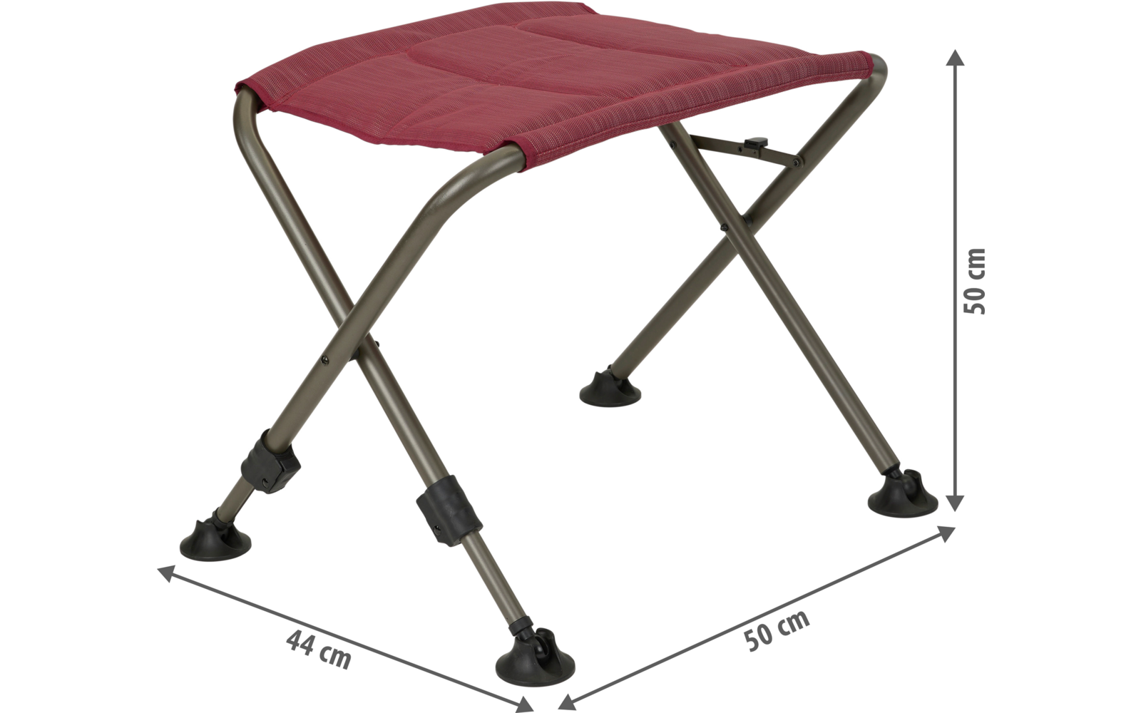 Klapphocker mit rotem Stoffsitz, vier gebogenen Metallbeinen in X-Anordnung, runde schwarze Gummifüße und schwarze Kunststoffverbindungen; Pfeile im Bild zeigen Maße 44 cm, 50 cm, 50 cm