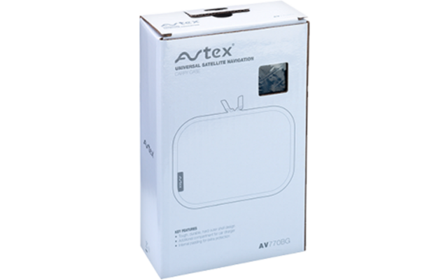 Scatola bianca con scritta "avtex", sagoma di una borsa rettangolare, piccola finestra e numero modello "AV770BG"