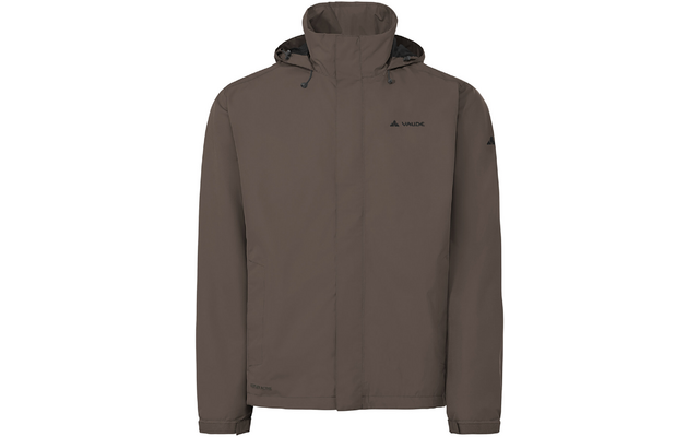Braune Jacke mit Kapuze, verdeckter Frontverschluss, Kordelzug an der Kapuze, sichtbares VAUDE-Logo auf linker Brust und linkem Ärmel, lange Ärmel mit Klettverschlüssen an den Bündchen