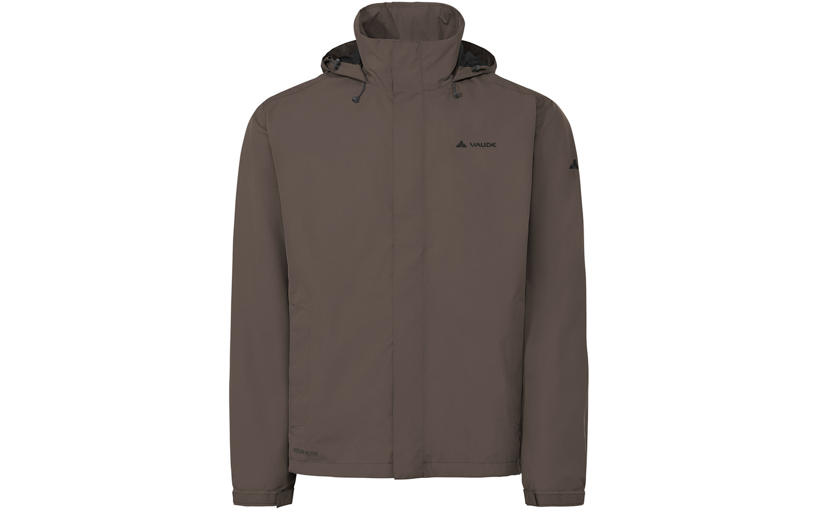 Braune Jacke mit Kapuze, verdeckter Frontverschluss, Kordelzug an der Kapuze, sichtbares VAUDE-Logo auf linker Brust und linkem Ärmel, lange Ärmel mit Klettverschlüssen an den Bündchen