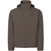 Braune Jacke mit Kapuze, verdeckter Frontverschluss, Kordelzug an der Kapuze, sichtbares VAUDE-Logo auf linker Brust und linkem Ärmel, lange Ärmel mit Klettverschlüssen an den Bündchen