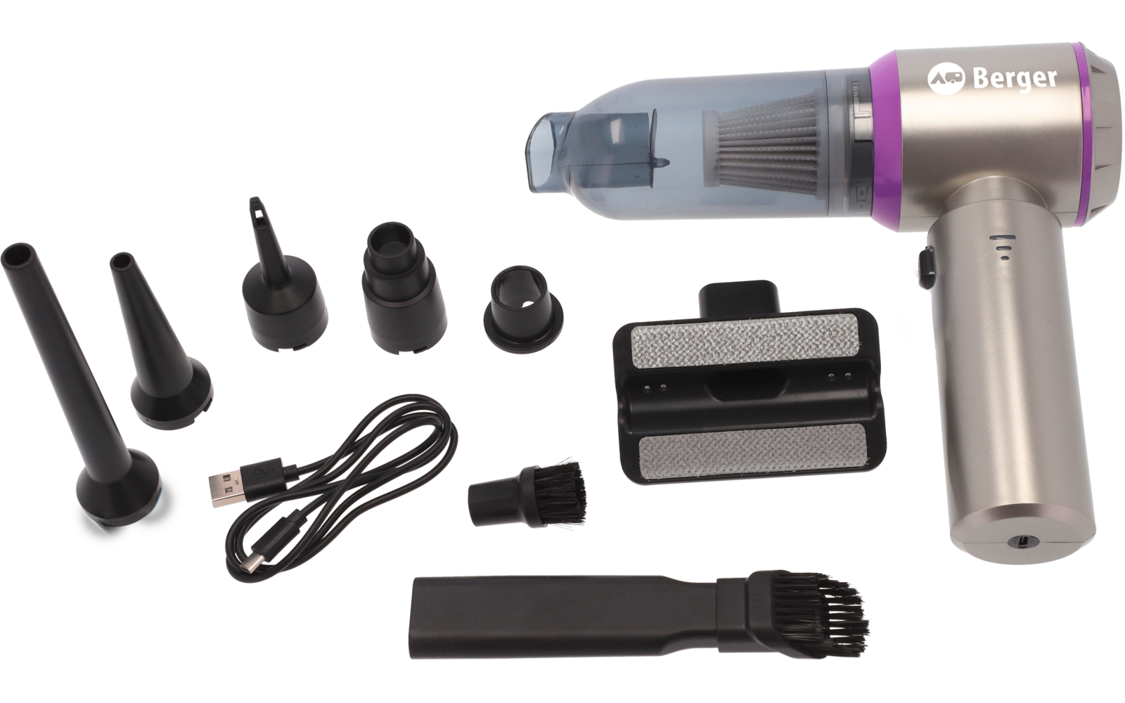 Appareil portatif métallique avec embout transparent et inscription 'Berger', quatre embouts étroits, trois embouts ronds, deux rouleaux, petite brosse de nettoyage et câble USB