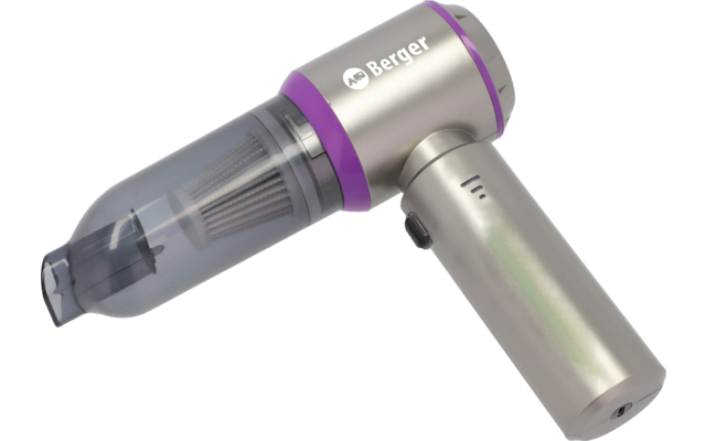 Aspirateur à main posé, corps métallique argenté avec accents violets, réservoir transparent avec filtre visible, marque "Berger"