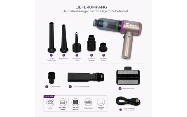 Handstofzuiger met transparant stofreservoir en negen accessoires: lang spleetmondstuk, spleetmondstuk, precisiemondstuk, universele adapter, adapterinzet, ronde borstel, 2-in-1 borstelmondstuk, meubelmondstuk en USB-C-oplaadkabel