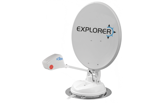 Weiße parabolförmige Schüssel auf runder Basis mit dem Schriftzug "EXPLORER" und blauem Kompass-Symbol, daran ein weißer Arm mit einem Aufsatz und sichtbaren Kabeln