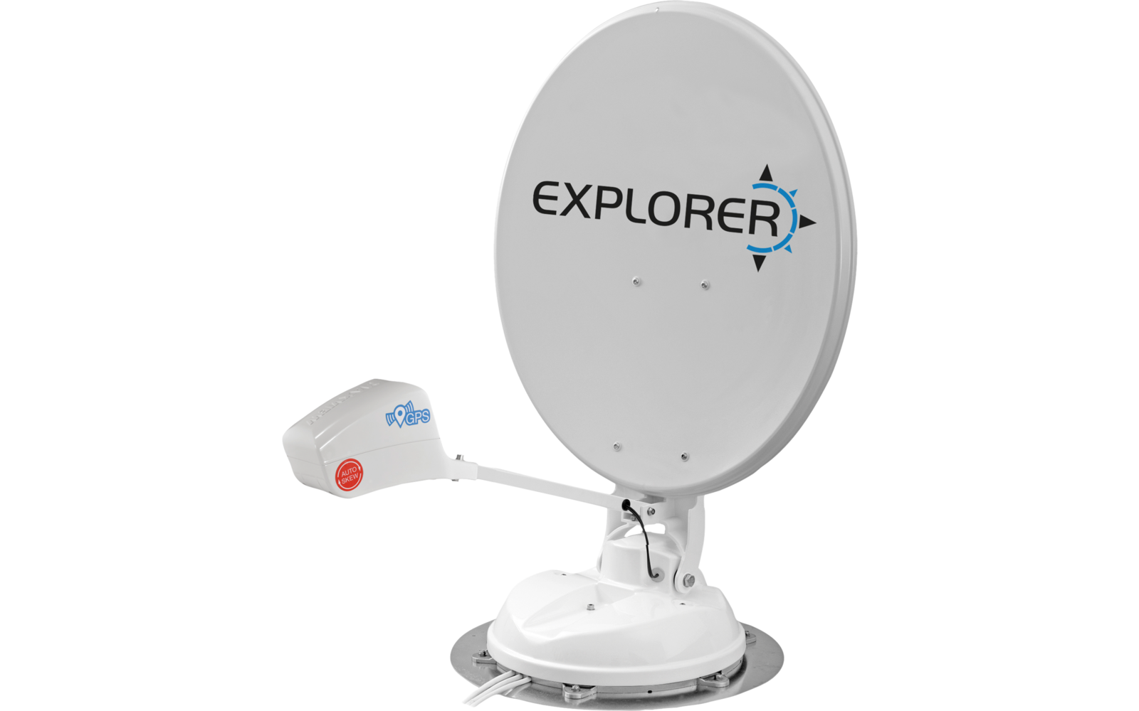 Weiße parabolförmige Schüssel auf runder Basis mit dem Schriftzug "EXPLORER" und blauem Kompass-Symbol, daran ein weißer Arm mit einem Aufsatz und sichtbaren Kabeln