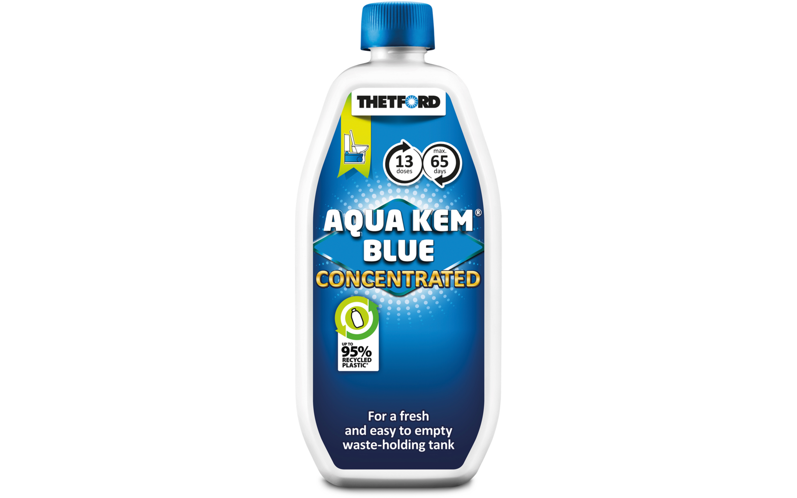 Weiße Kunststoffflasche mit blauem Schraubverschluss; Vorderetikett mit Schriftzug 'THETFORD', Produktname 'AQUA KEM BLUE CONCENTRATED', zwei kreisförmige Symbole mit Zahlen, grünes Symbol mit '95%' und der Text 'For a fresh and easy to empty waste-h
