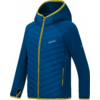 Blaue Kapuzenjacke mit gesteppter Front, gelbgrüner durchgehender Reißverschluss, seitlichen Reißverschlusstaschen und Logo auf der Brust
