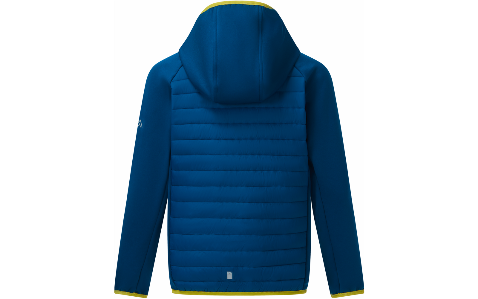 Blaue Jacke von hinten mit Kapuze, gestepptem Rücken, langen Ärmeln, gelben Kanten an Saum, Kapuzenrand und Bündchen, kleinem weißen Quadrat-Etikett mittig am Saum und kleinem Logo am linken Ärmel