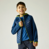 Ein lächelnder Junge in blauer gesteppter Jacke mit neongrünen Kanten über einem blauen T‑Shirt, hält den Reißverschlussrand, vor hellem Hintergrund