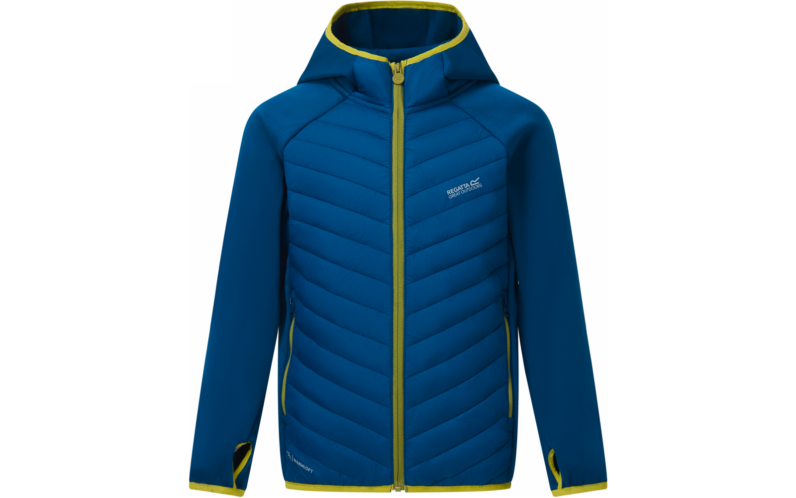 Blaue Kapuzenjacke mit durchgehendem Reißverschluss, hellgrünen Zierkanten, gestepptem Vorderteil, seitlichen Reißverschlusstaschen und Markenlogo auf der linken Brust