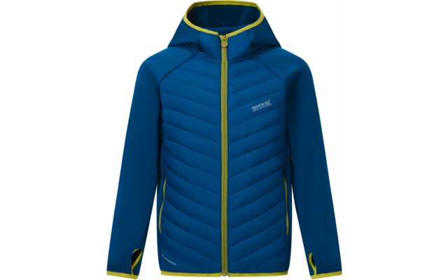 Blaue Kapuzenjacke mit durchgehendem Reißverschluss, hellgrünen Zierkanten, gestepptem Vorderteil, seitlichen Reißverschlusstaschen und Markenlogo auf der linken Brust