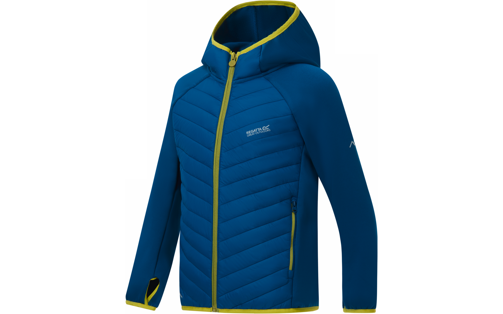Blaue Kapuzenjacke mit gesteppter Front, gelbgrüner durchgehender Reißverschluss, seitlichen Reißverschlusstaschen und Logo auf der Brust
