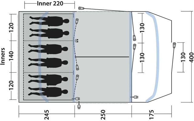 Draufsicht einer technischen Zeichnung: rechteckiger Innenraum mit sechs stilisierten Personen-Silhouetten links, zentraler Trennwand, vorderer Kabinenbereich mit gebogener Windschutzscheibe rechts, Maßlinien und Zahlen